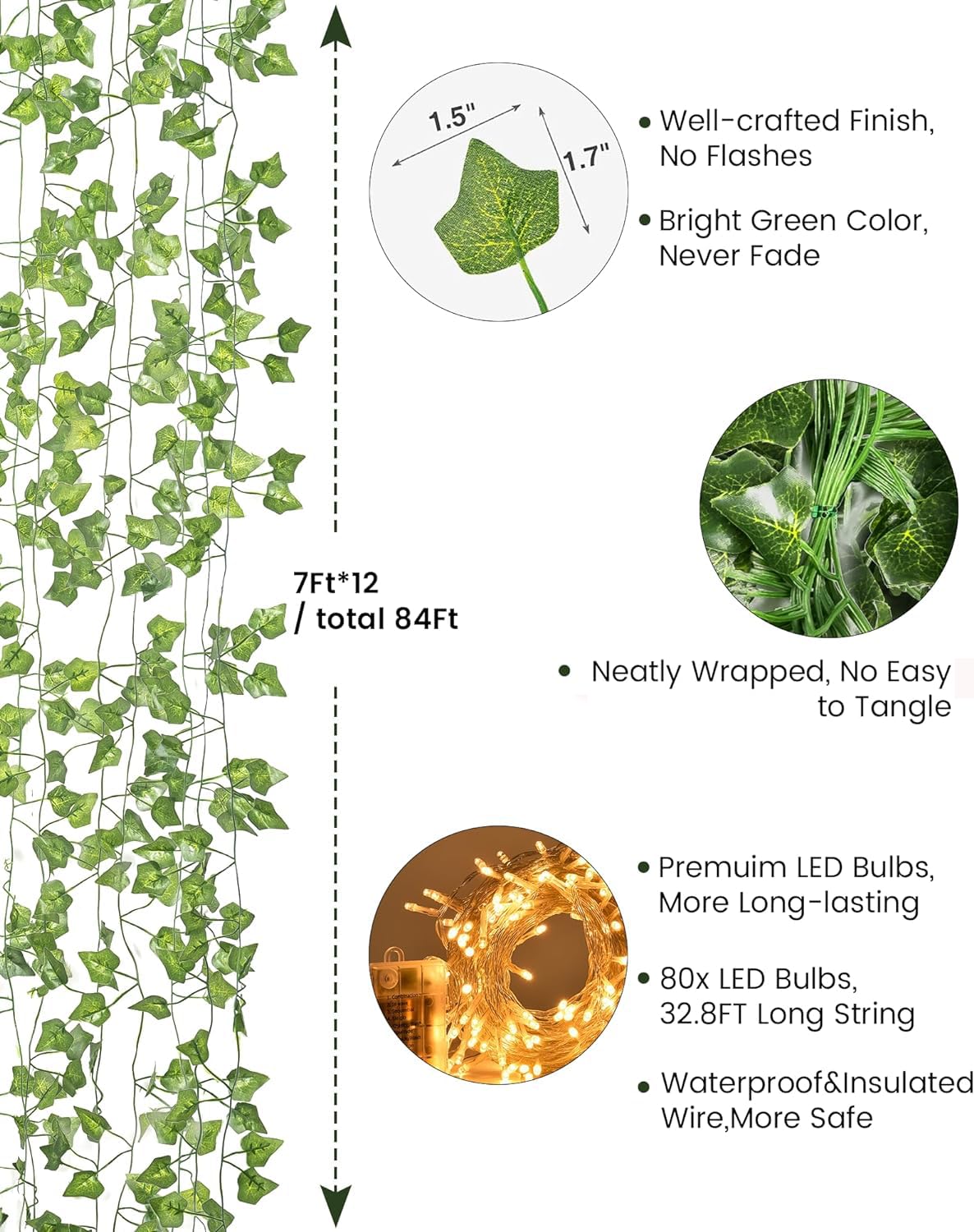 12 Pack 7ft Artificial Ivy Leaves Greenery Vine with LED String Lights