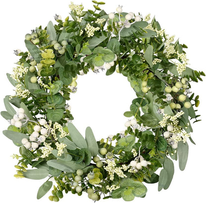 18" White Berries Artificial Eucalyptus Boxwood Leaf Mix Wreath