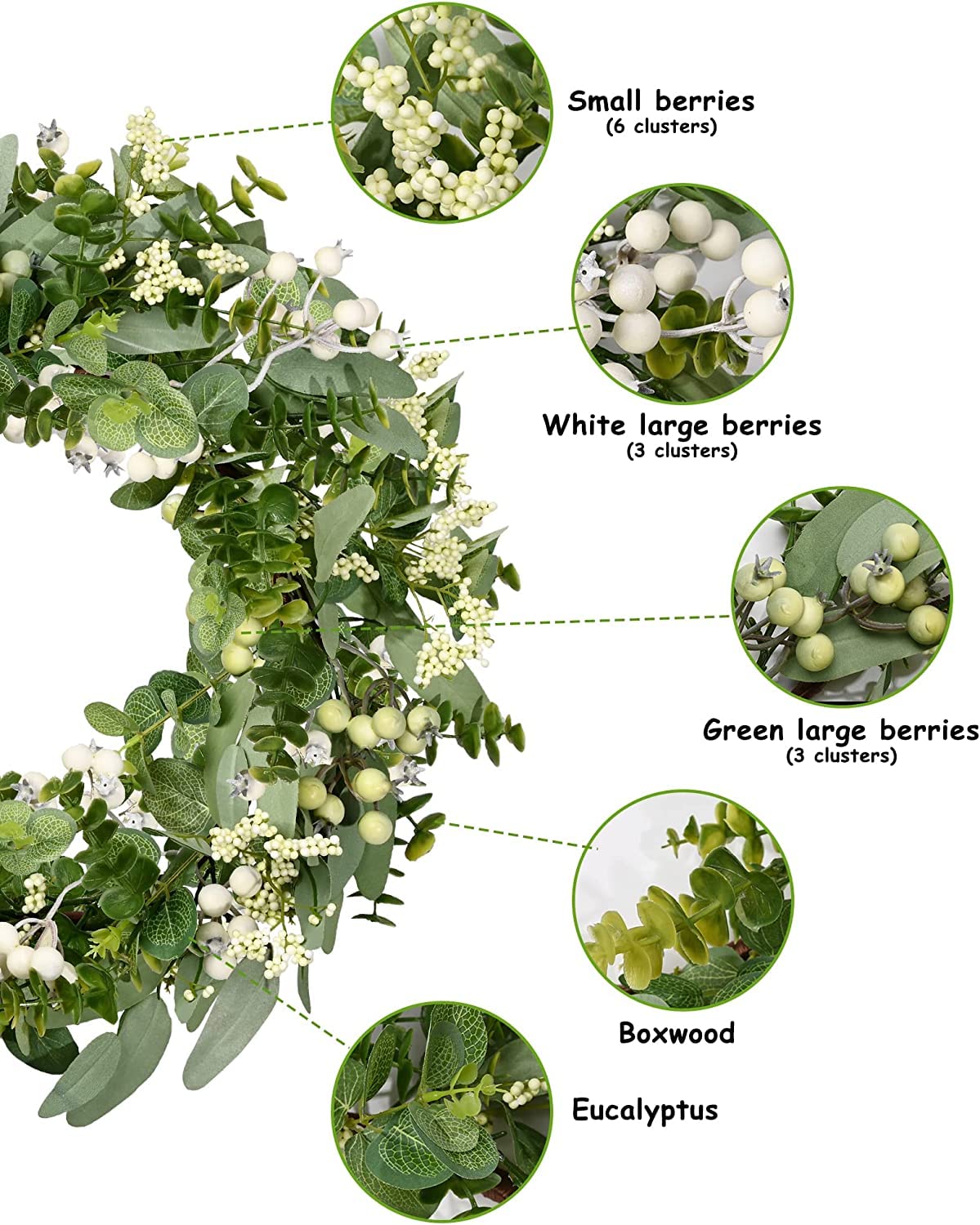 18" White Berries Artificial Eucalyptus Boxwood Leaf Mix Wreath