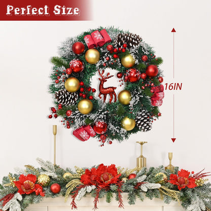 16" Artificial Christmas Wreath with Reindeer Pinecones Berries