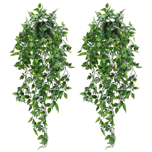 2 Pack 21" Green Artificial Ivy Vine Hanging Plant with Black Pots