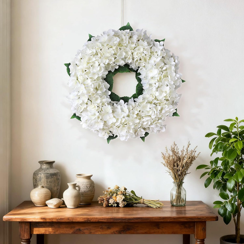 The Ivory Bloom Wreath | 21" Artificial White Hydrangea Front Door Wreath