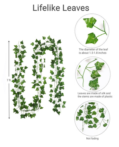 12 Pack 7ft Artificial Ivy Leaves Greenery Vine Faux Hanging Plant