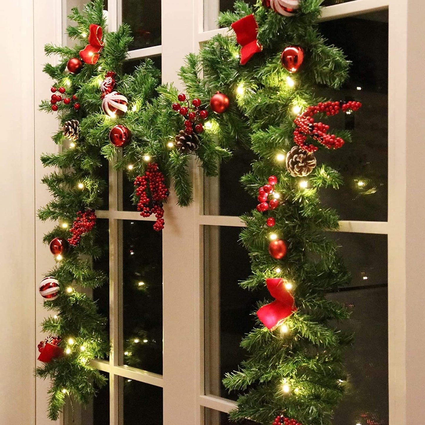 9ft LED Artificial Christmas Garland with Pinecones Red Berries Bows