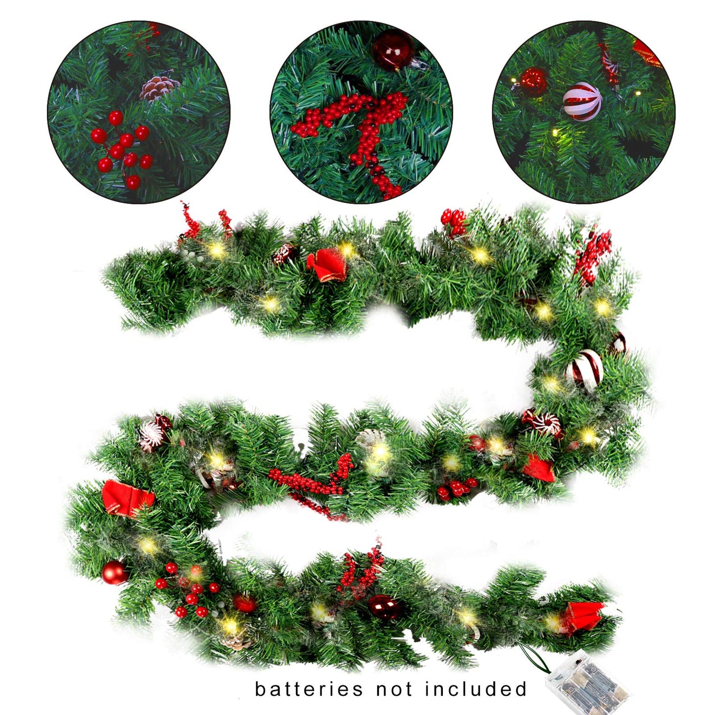 9ft LED Artificial Christmas Garland with Pinecones Red Berries Bows