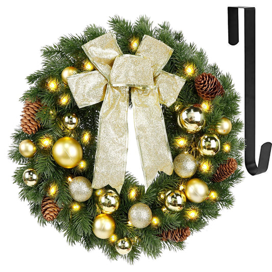 15" Pre-Lit Artificial Christmas Wreath with LED Lights Bow Ball Pinecones