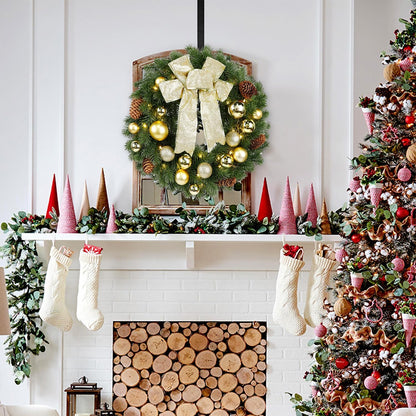 15" Pre-Lit Artificial Christmas Wreath with LED Lights Bow Ball Pinecones