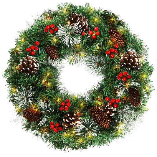 18" Pre-Lit LED Artificial Christmas Wreath with Pinecones Berries