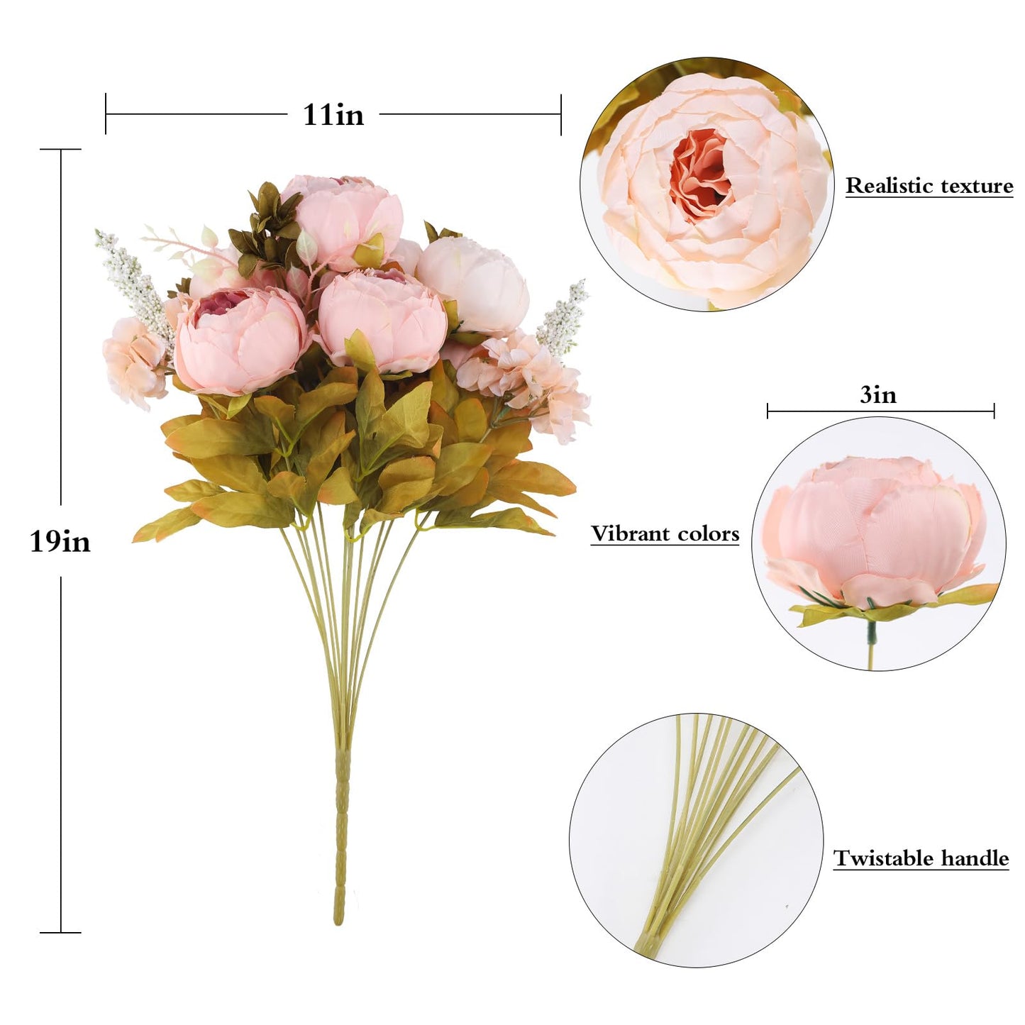 19" Light Pink Vintage Artificial Silk Peony Flower Bouquet