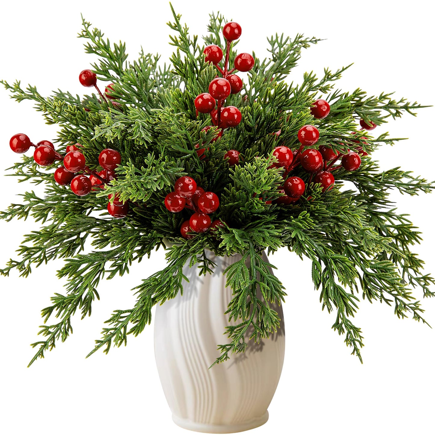 35 Pcs 10.5" Artificial Christmas Pine Branches with Red Berry Stems