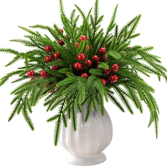 35 Pcs 14" Artificial Greenery Norfolk Pine Stems with Red Berry Stems