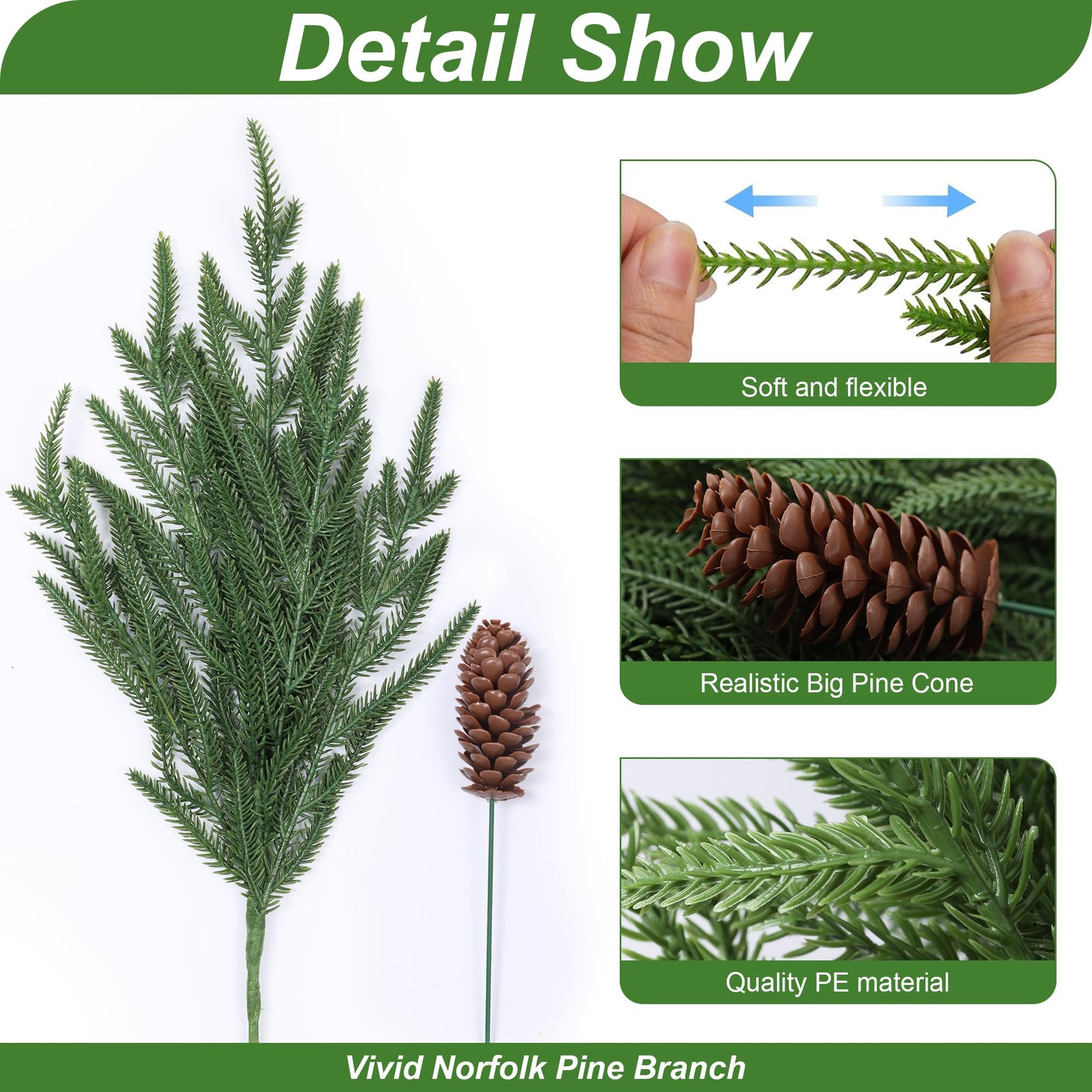 12 Pcs 17" Artificial Christmas Norfolk Pine Stems with Pinecones