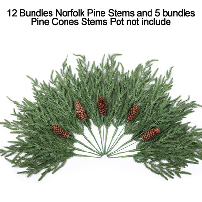 12 Pcs 17" Artificial Christmas Norfolk Pine Stems with Pinecones