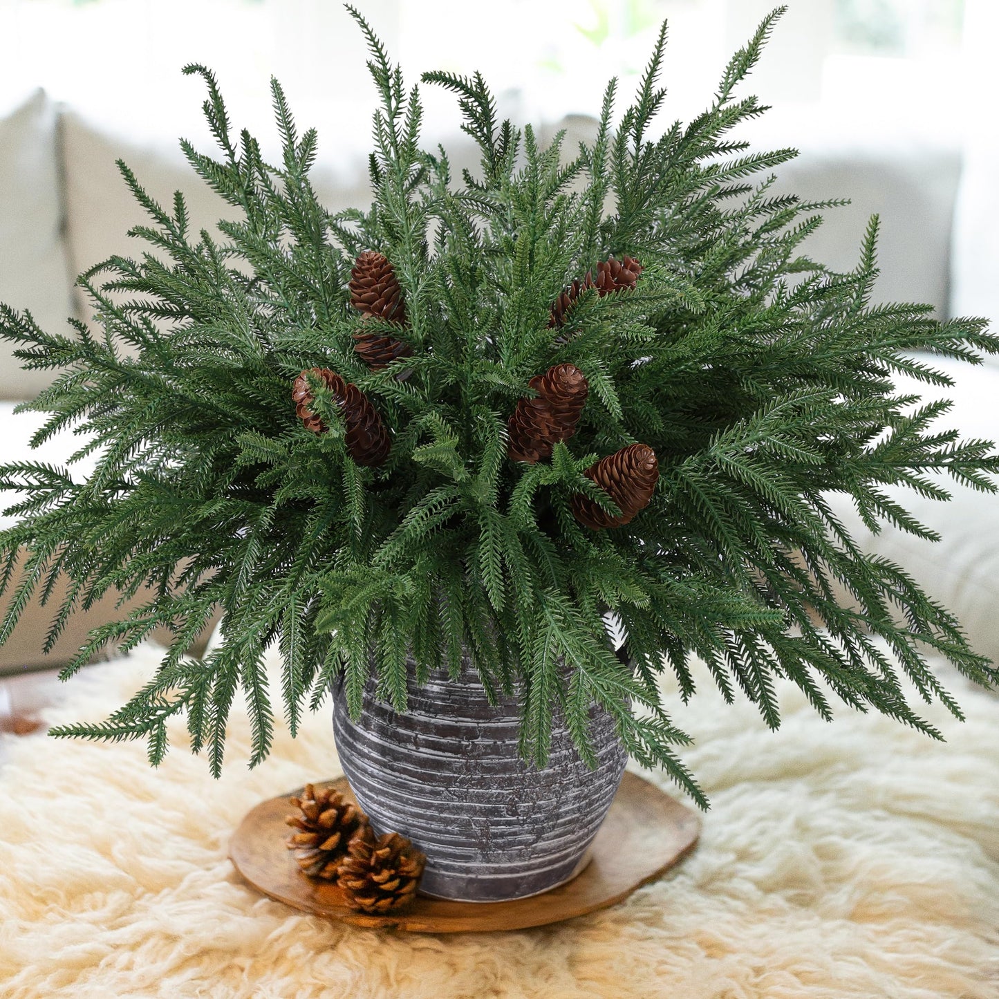 12 Pcs 17" Artificial Christmas Norfolk Pine Stems with Pinecones