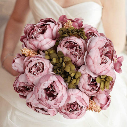 19" Dusty Rose Vintage Artificial Silk Peony Flower Bouquet