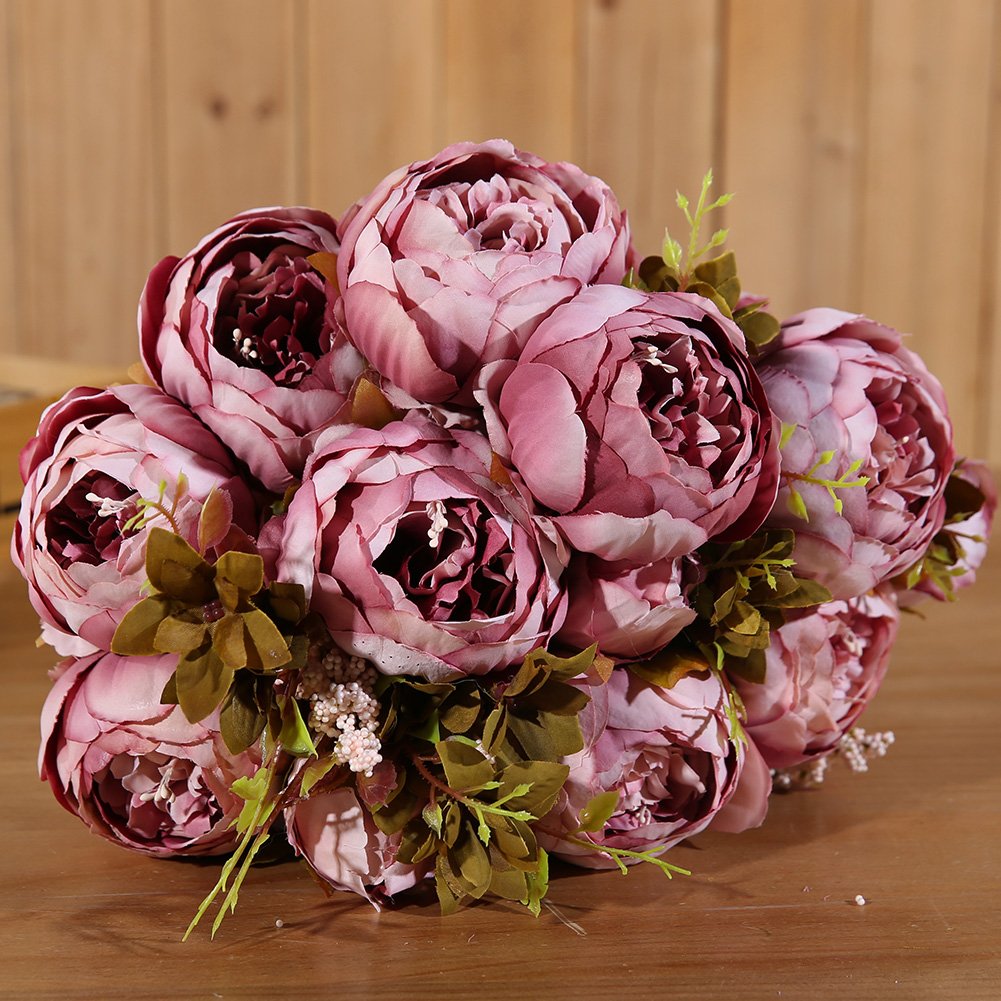 19" Dusty Rose Vintage Artificial Silk Peony Flower Bouquet