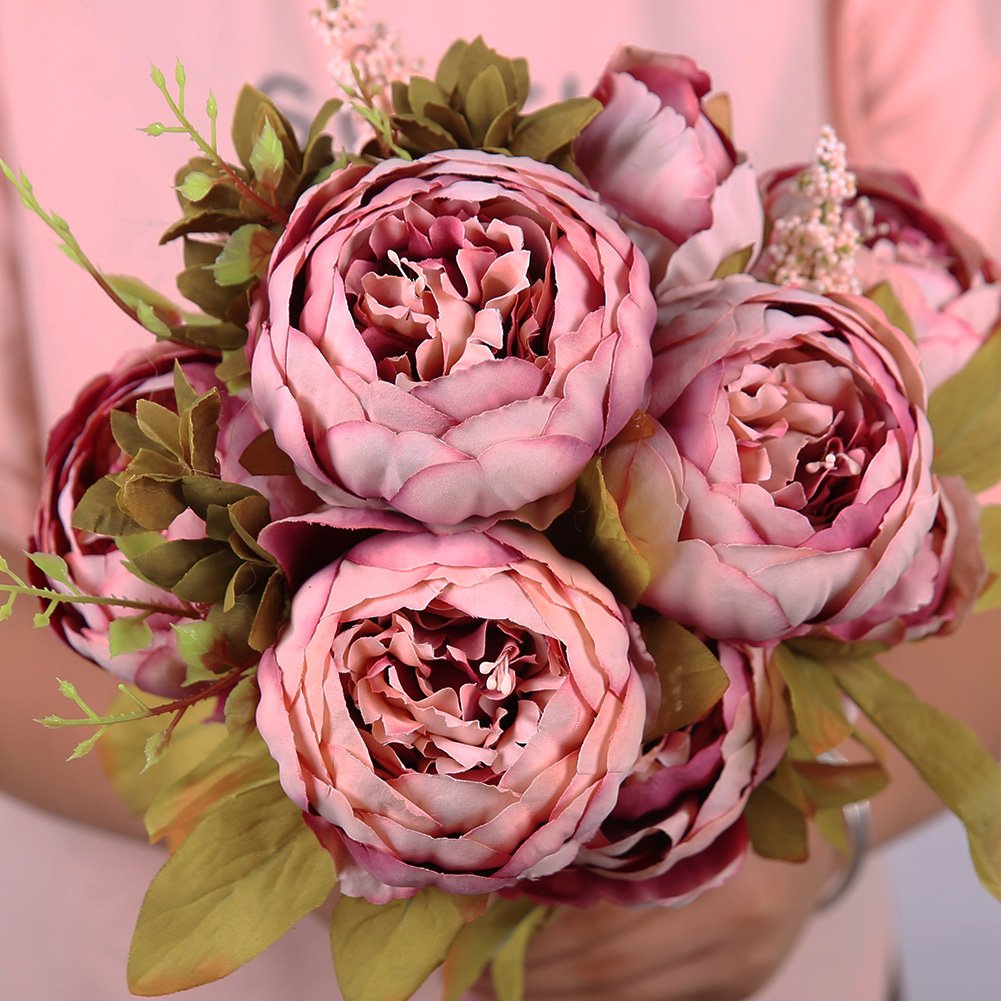 19" Dusty Rose Vintage Artificial Silk Peony Flower Bouquet