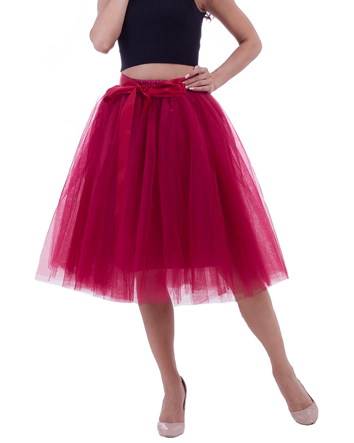 Rosenvy Women's Layered Tulle A-Line Skirt with Satin Belt