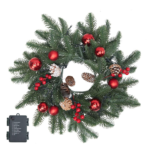 20" Artificial Christmas Wreath with LED Lights Pinecones Balls Berries