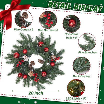 20" Artificial Christmas Wreath with LED Lights Pinecones Balls Berries