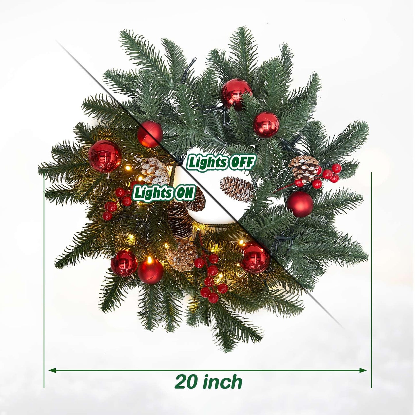 20" Artificial Christmas Wreath with LED Lights Pinecones Balls Berries