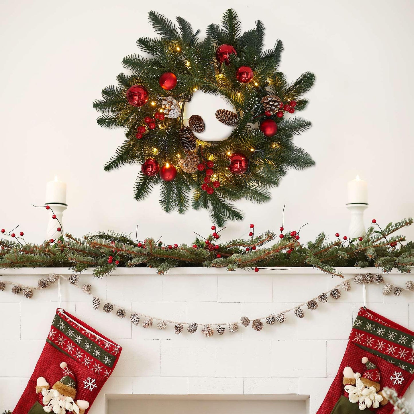 20" Artificial Christmas Wreath with LED Lights Pinecones Balls Berries