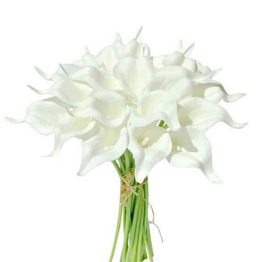 20 Stems 13.5" White Real Touch Artificial PU Lily Flower Bouquets