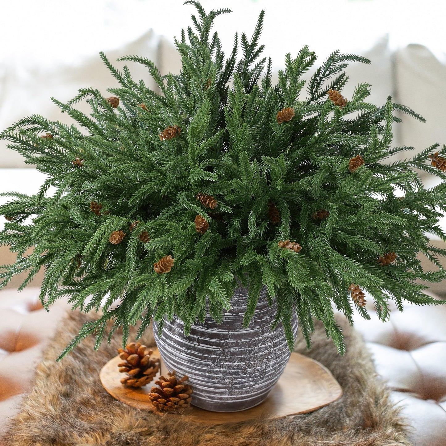 12 Bundles 16" Artificial Christmas Norfolk Pine Stems with Pine Cones