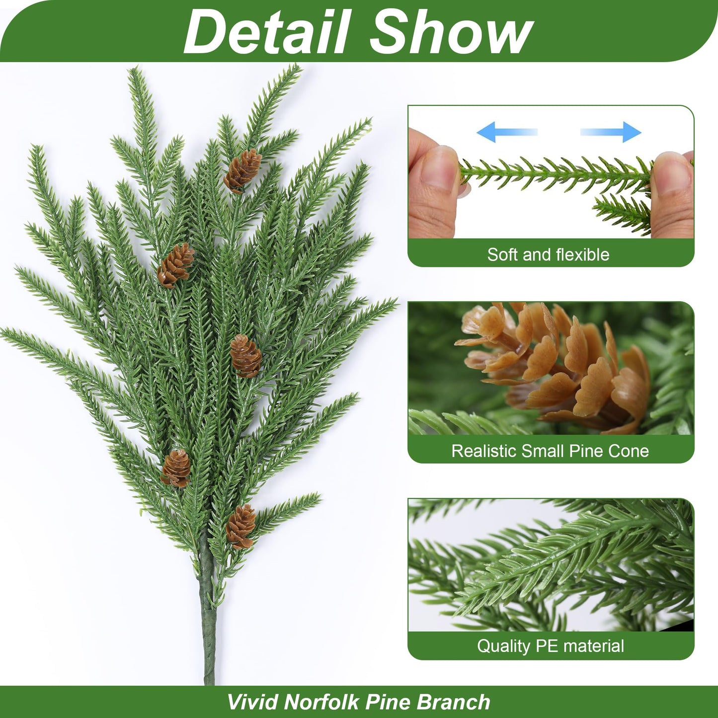 12 Bundles 16" Artificial Christmas Norfolk Pine Stems with Pine Cones