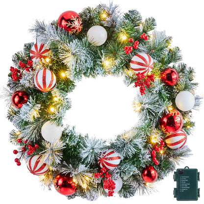 24" Artificial Christmas Wreath with LED Lights Balls Pine Needles Berries