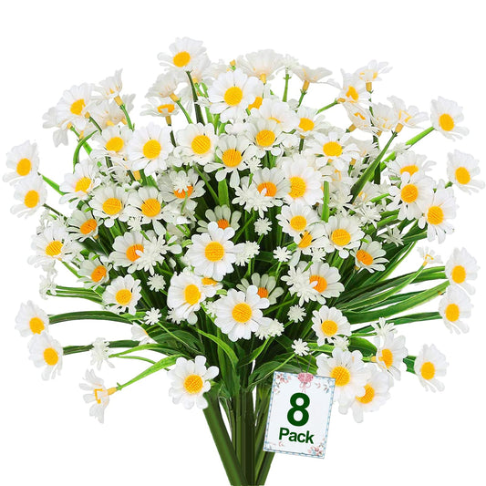 8 Bundles 13" White Artificial UV Resistant Daisy Flower Bouquet