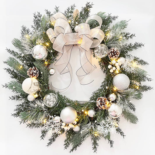 20" Artificial Christmas Wreath with LED Lights Bow Balls