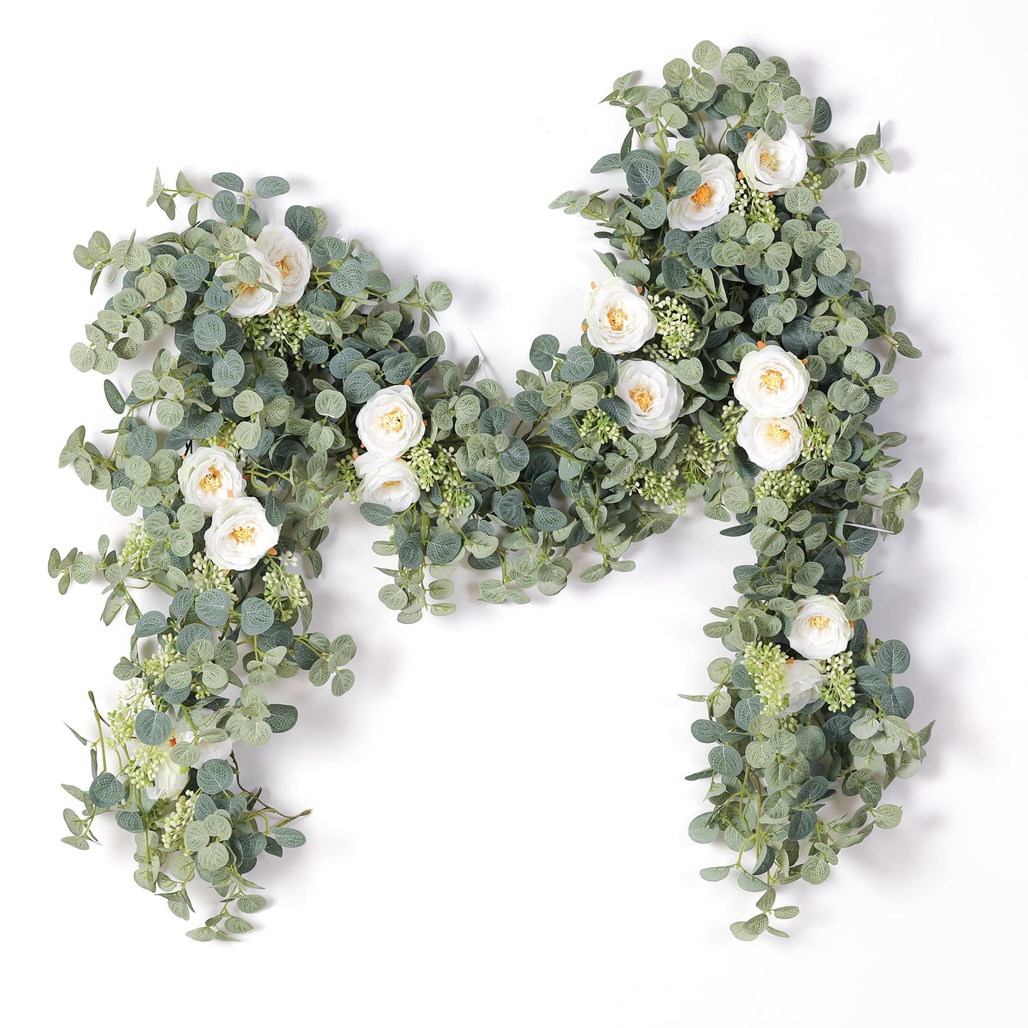 2 Pack 6.56ft Artificial Eucalyptus Leaf Garland with White Silk Camellia Flowers