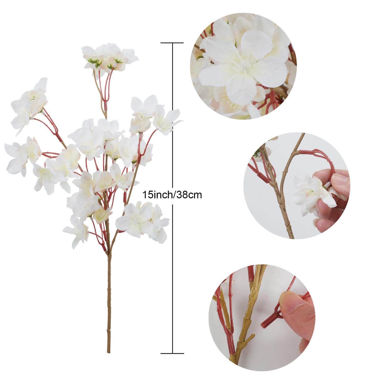 8 Pcs 15" White Artificial Silk Cherry Blossom Flowers Branches