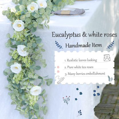 2 Pack 6.56ft Artificial Eucalyptus Leaf Garland with White Silk Camellia Flowers