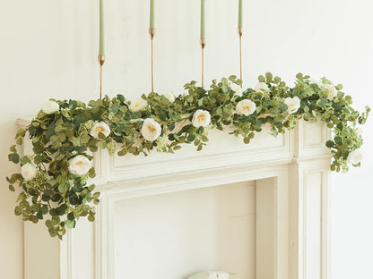 2 Pack 6.56ft Artificial Eucalyptus Leaf Garland with White Silk Camellia Flowers