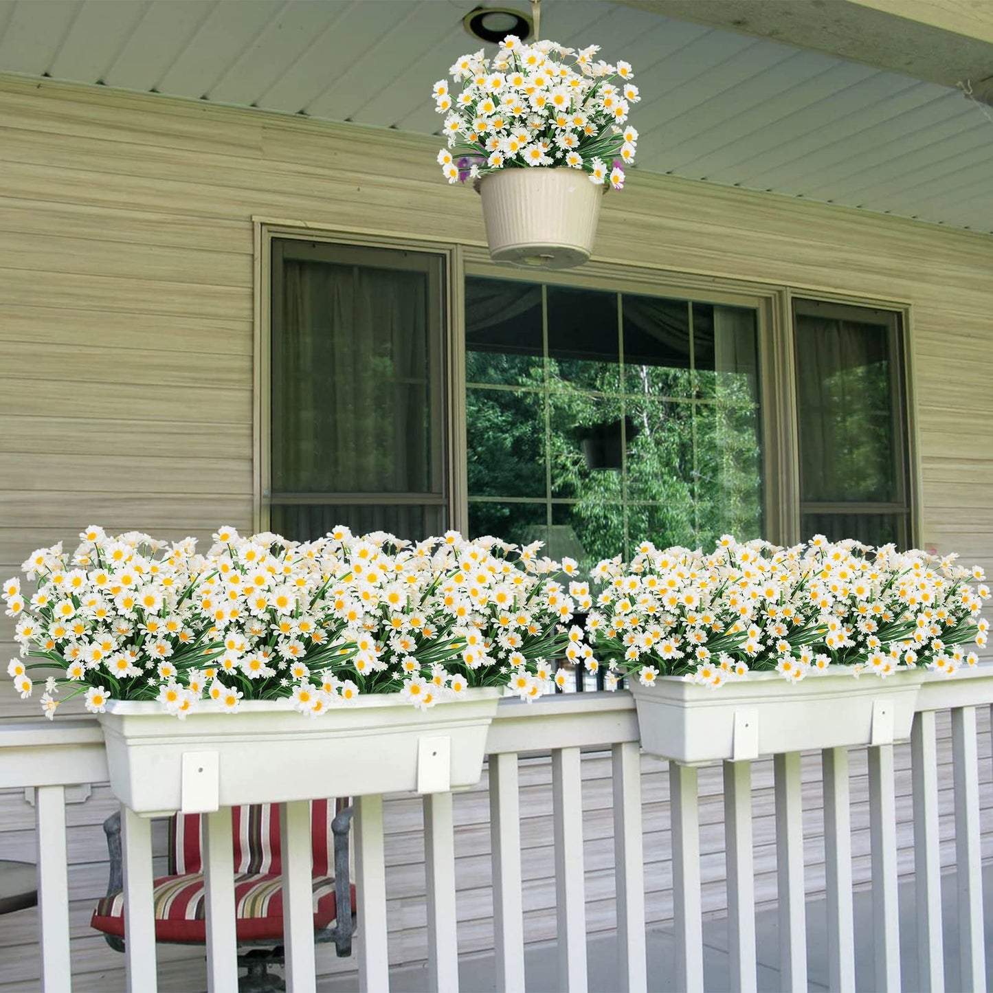 8 Bundles 13" White Artificial UV Resistant Daisy Flower Bouquet