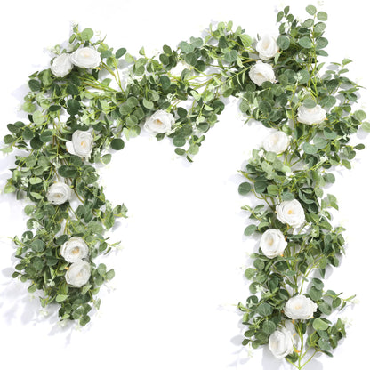 4 Pack 6.5ft White Artificial Silk Camellia Flower Eucalyptus Leaf Garland