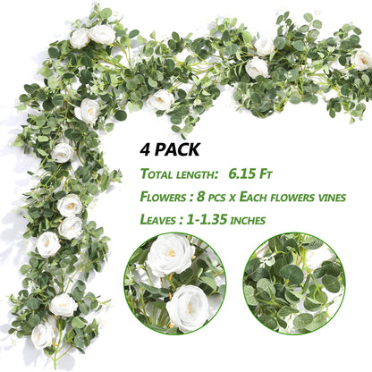 4 Pack 6.5ft White Artificial Silk Camellia Flower Eucalyptus Leaf Garland