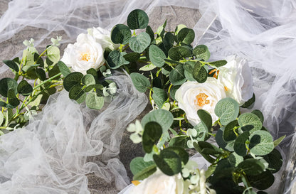 4 Pack 6.5ft White Artificial Silk Camellia Flower Eucalyptus Leaf Garland