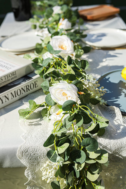 4 Pack 6.5ft White Artificial Silk Camellia Flower Eucalyptus Leaf Garland