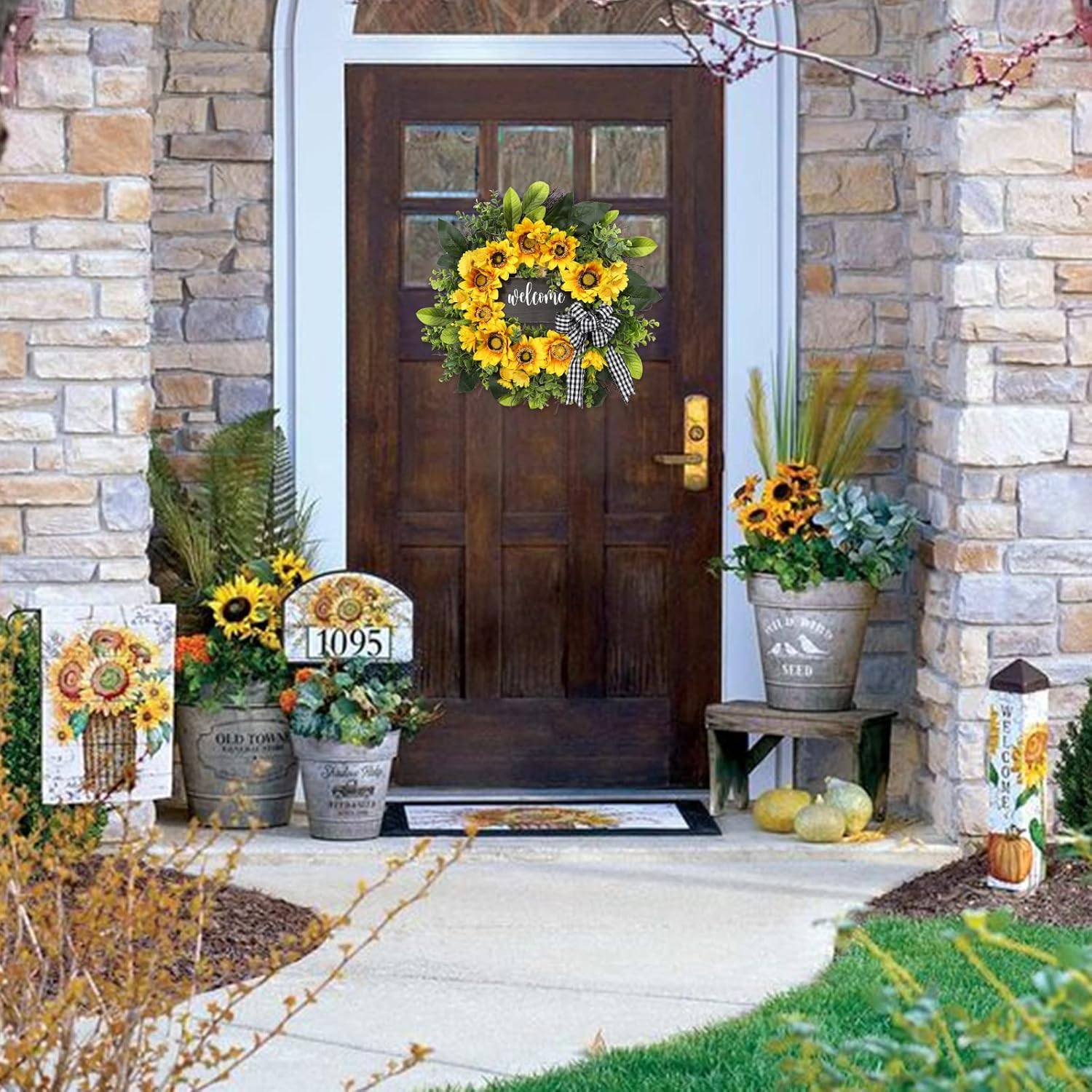 The Golden Welcome Wreath | 20" Sunflower Front Door Wreath with Welcome Sign