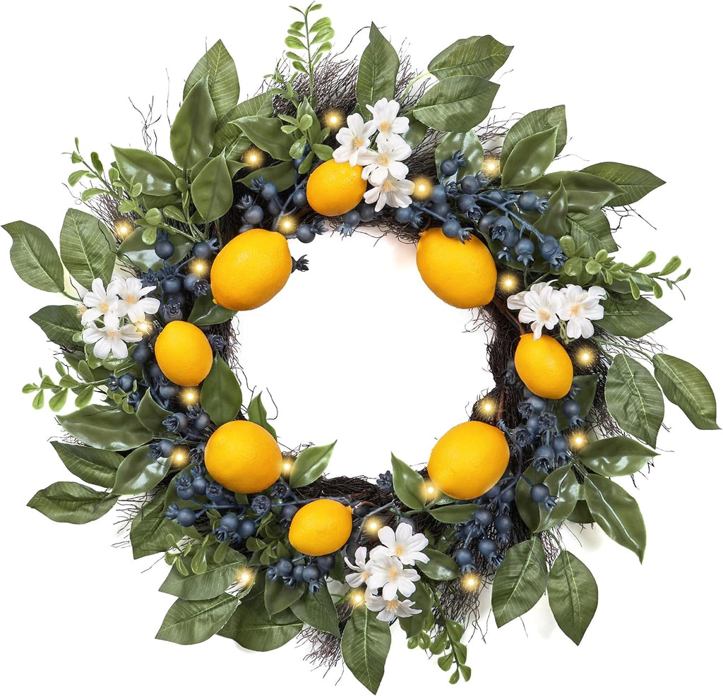 The Lemon Grove Wreath | Pre-Lit Artificial Lemon & Eucalyptus Front Door Wreath