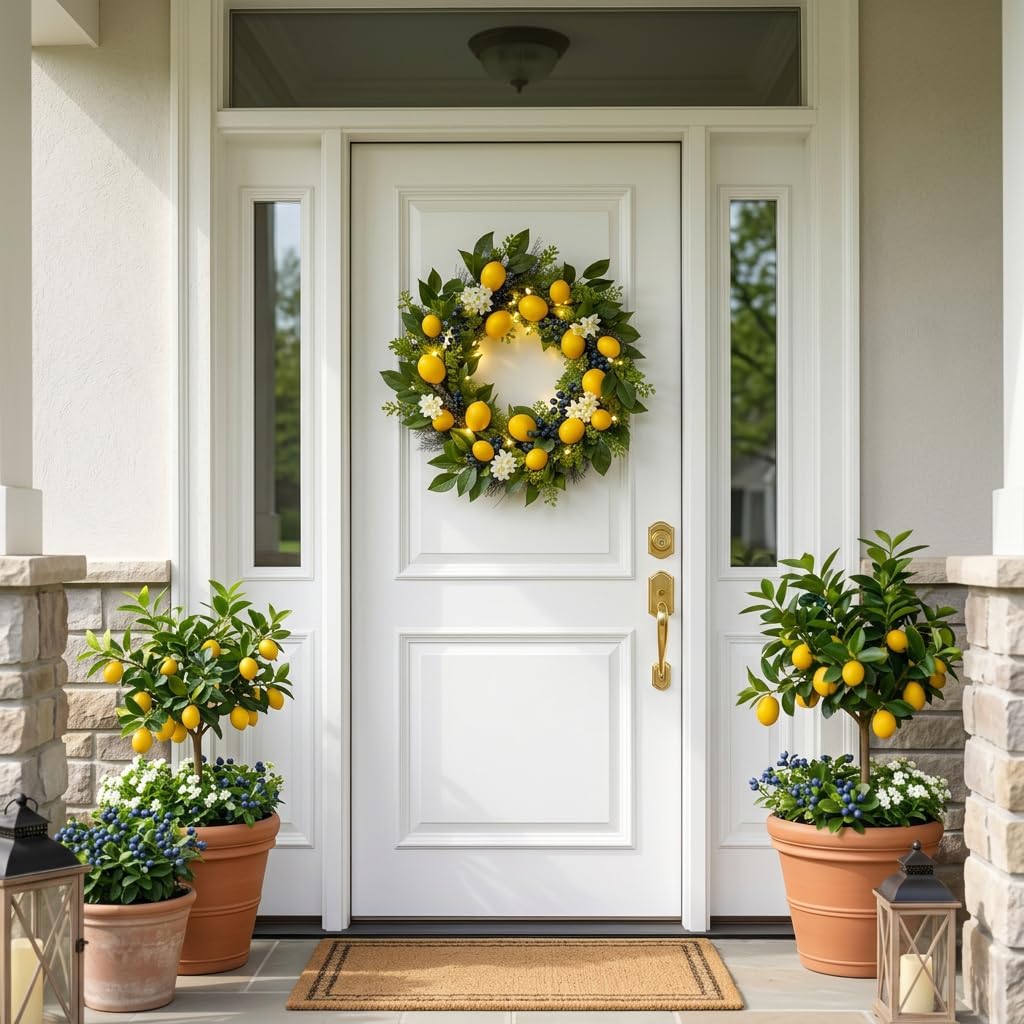 The Lemon Grove Wreath | Pre-Lit Artificial Lemon & Eucalyptus Front Door Wreath
