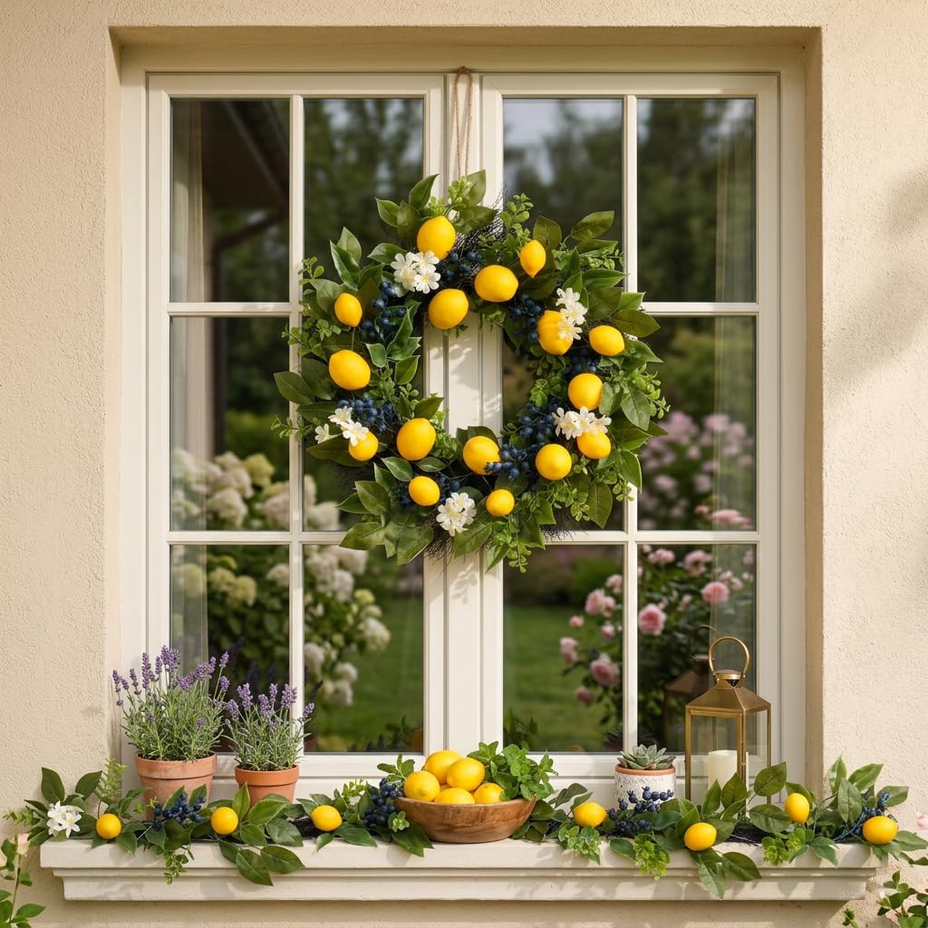 The Lemon Grove Wreath | Pre-Lit Artificial Lemon & Eucalyptus Front Door Wreath