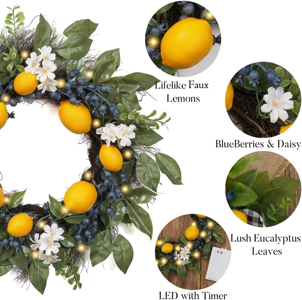 The Lemon Grove Wreath | Pre-Lit Artificial Lemon & Eucalyptus Front Door Wreath