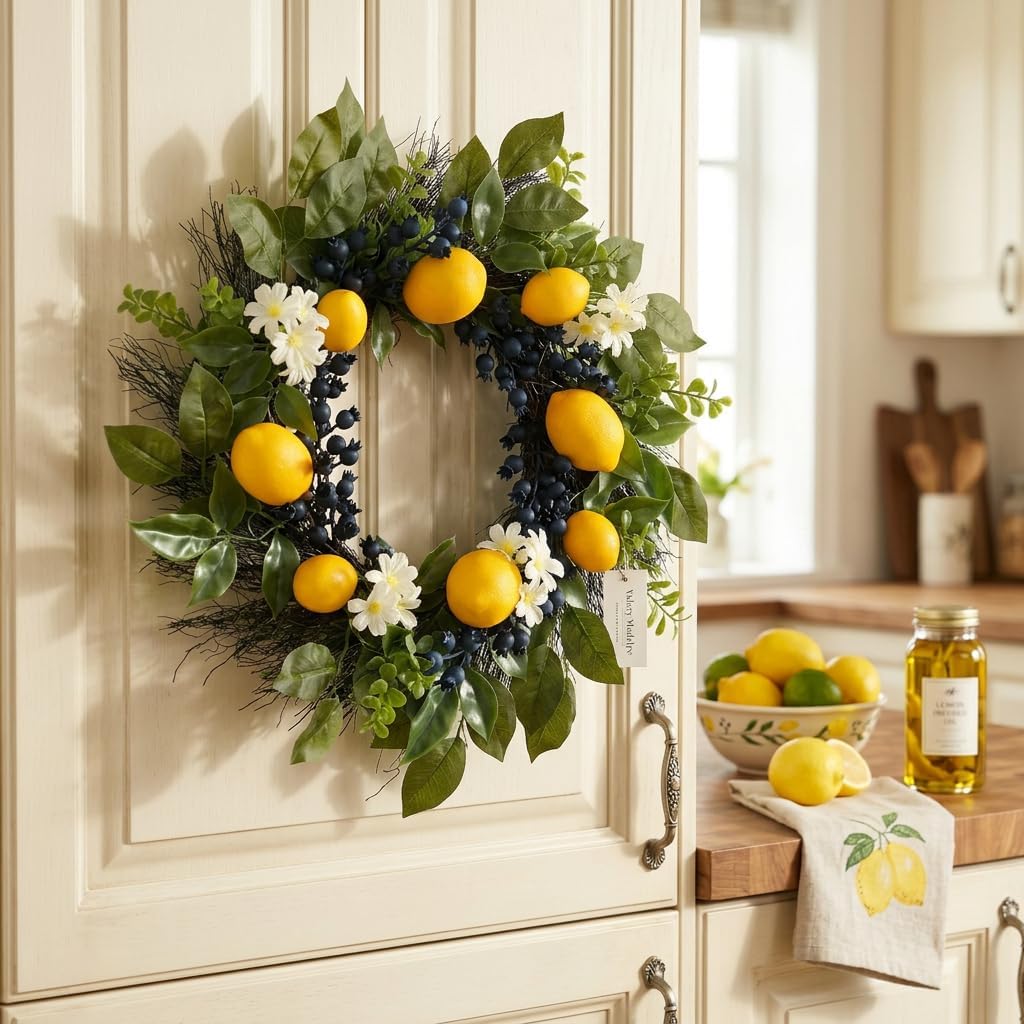 The Lemon Grove Wreath | Pre-Lit Artificial Lemon & Eucalyptus Front Door Wreath