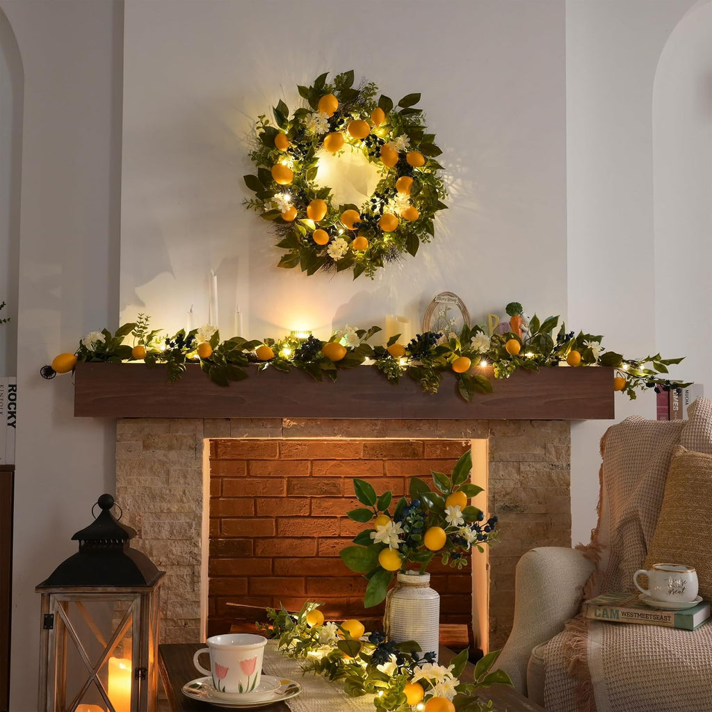 The Lemon Grove Wreath | Pre-Lit Artificial Lemon & Eucalyptus Front Door Wreath
