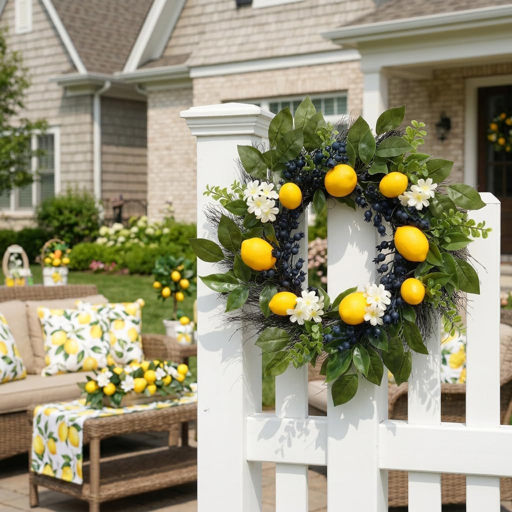 The Lemon Grove Wreath | Pre-Lit Artificial Lemon & Eucalyptus Front Door Wreath